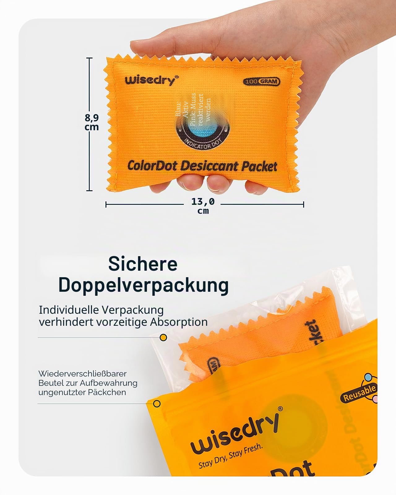 wisedry 100g x 10 Wiederaufladbare Trockenmittelpakete, farblich anzeigende Silikagel-Trockenmittelpakete, wiederverwendbare Feuchtigkeitsabsorber für Koffer, Waffentresor, Werkzeugkasten