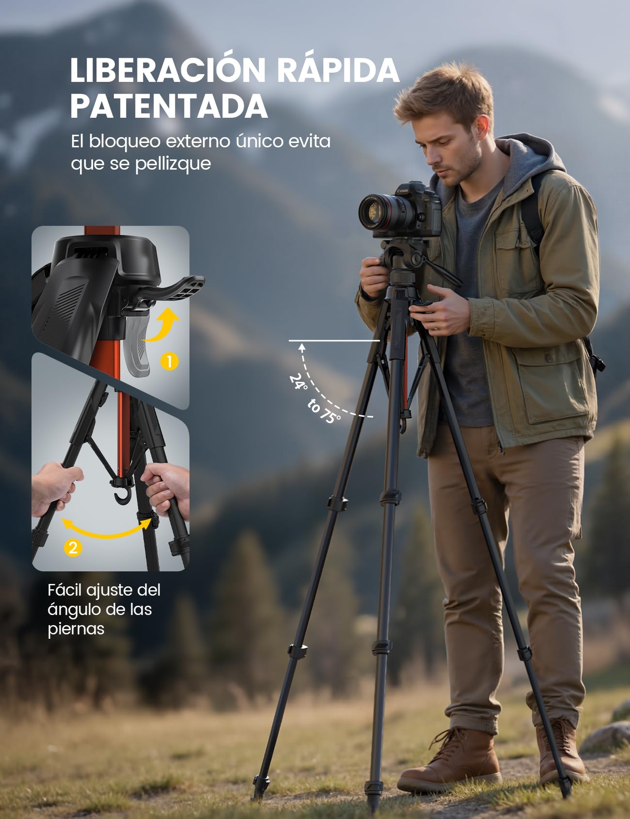 Lamicall Trípode para Cámara, Tripode para Móvil - [Patentadas Patas de Despliegue Rápido] [8KG Carga Máxima] 3 Vías Cabezal Panorámico, Soporte Cámara con Clip de Teléfono, para DSLR, iPhone y GoPro