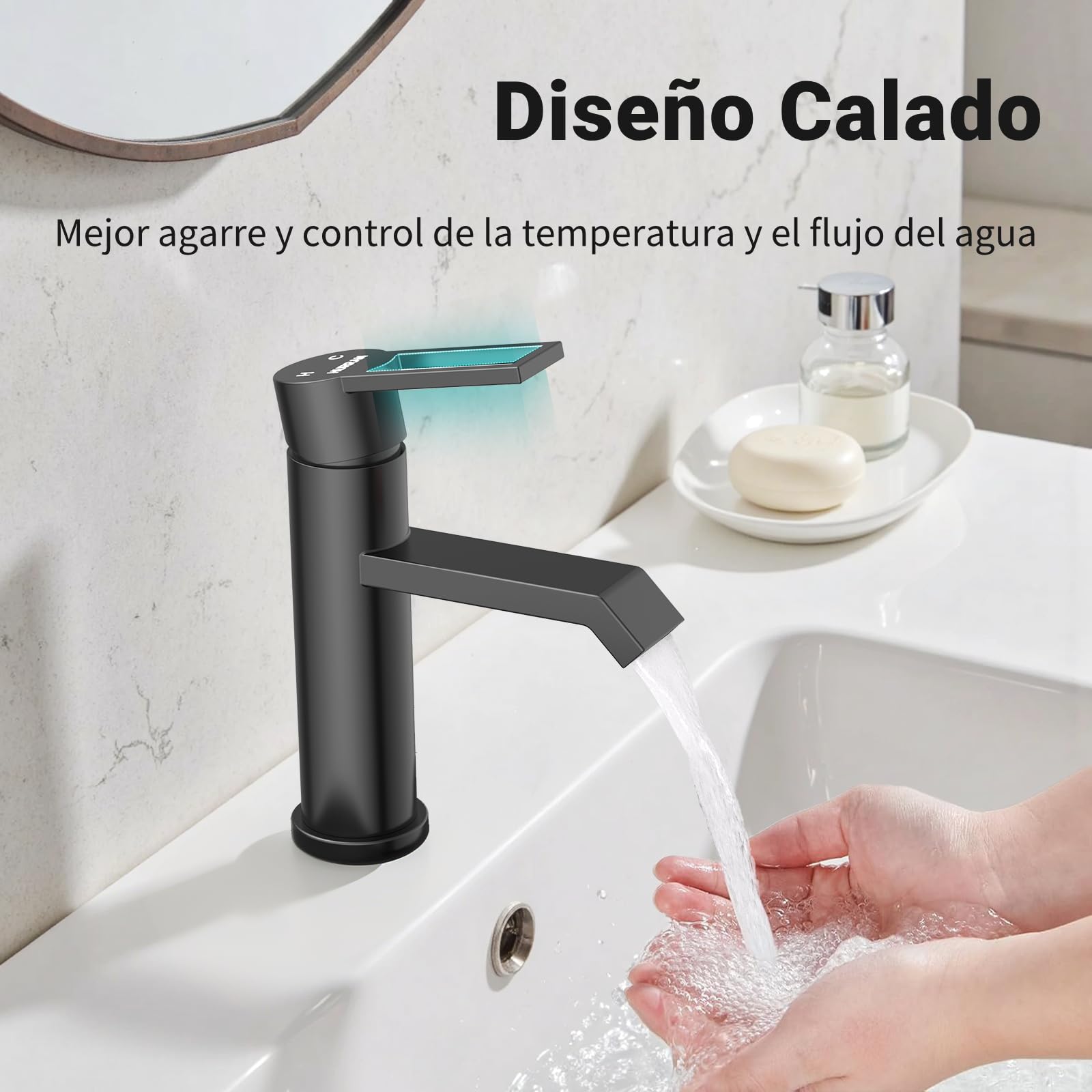 Hurran Grifo de baño negro mate, monomando para lavabo
