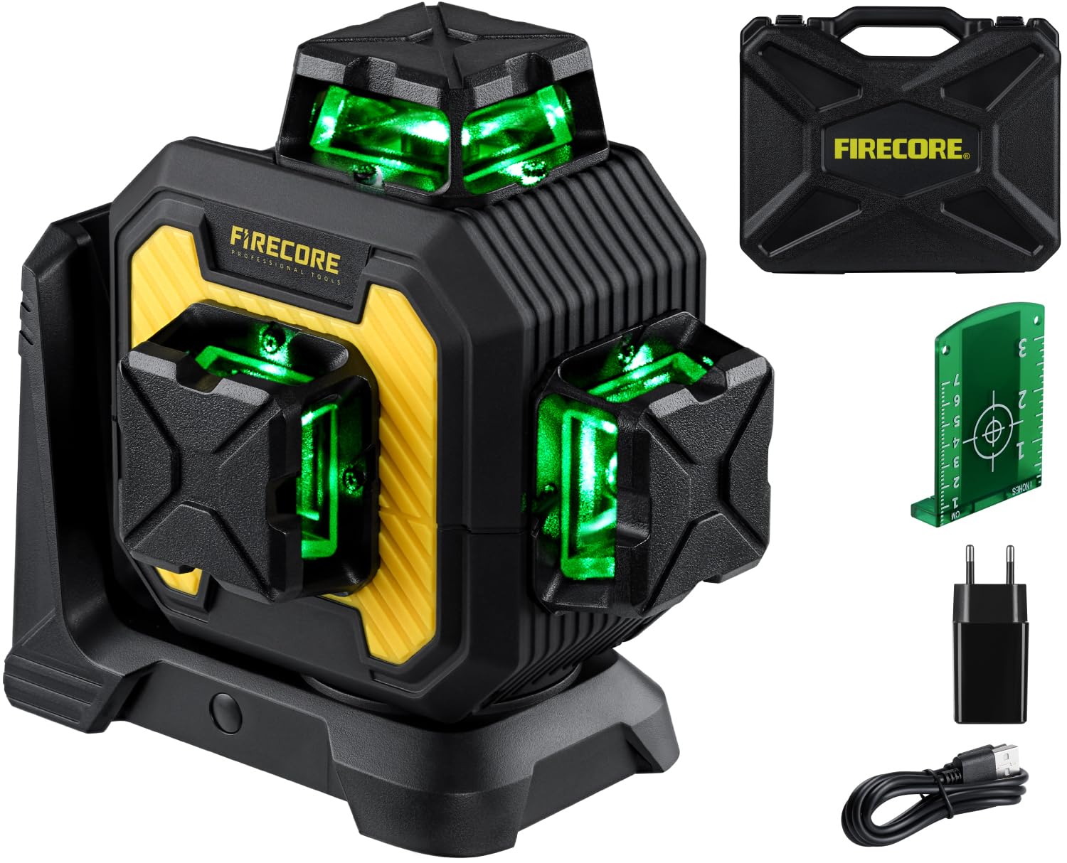 Firecore 3 x 360° Laser Level Green 3D Self-Leveling Cross 12 Lines Lazer Level Three-Plane Leveling and Alignment Laser Tool, Li-ion Battery, Type-C,Hard Carry Case
