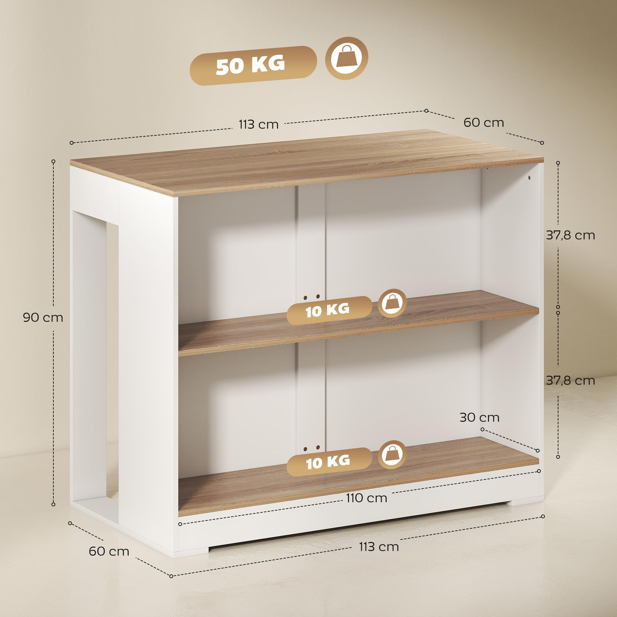 HOMCOM Table de Bar Table Haute Cuisine à 3 Niveaux 113 x 60 x 90 cm Blanc