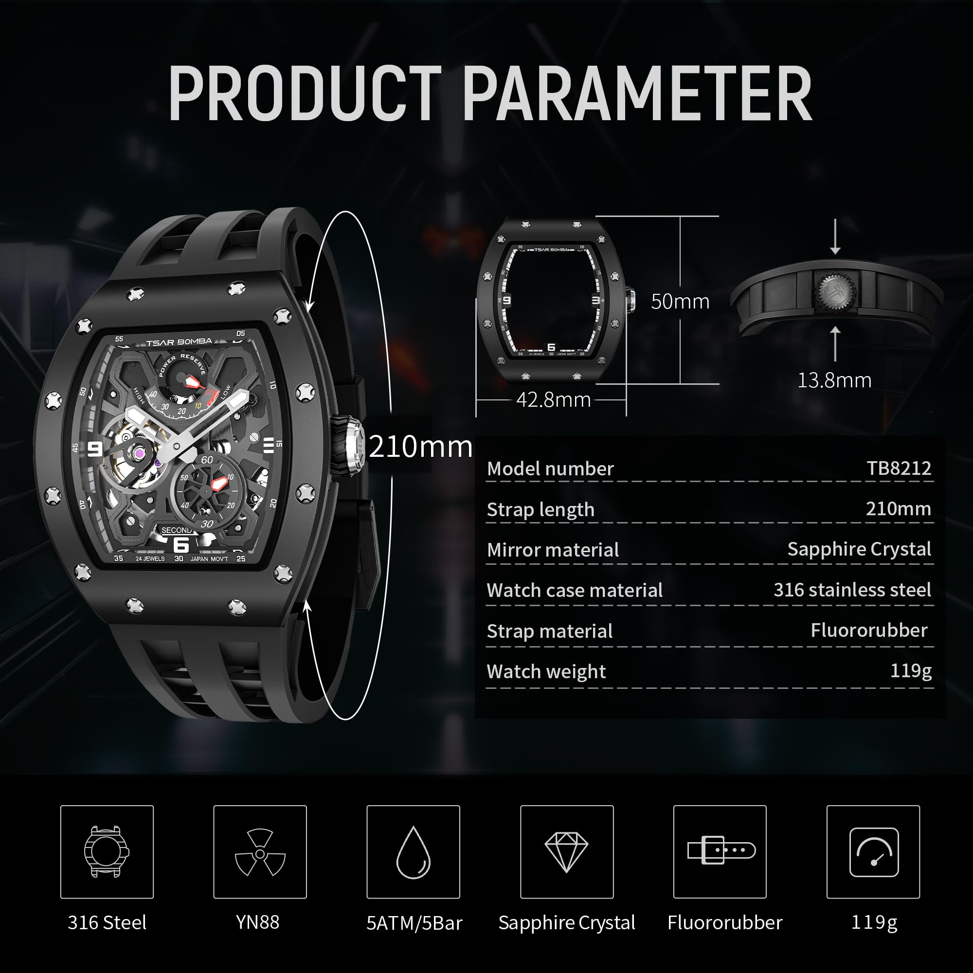 TSAR BOMBA Montre de Luxe Pour Homme Mouvement mécanique Automatique Japonais Cristal Saphir Etanche à 50M Ultra léger Fibre de Carbone Cadeau d'affaires Unique Montre analogique Lumineuse Mode