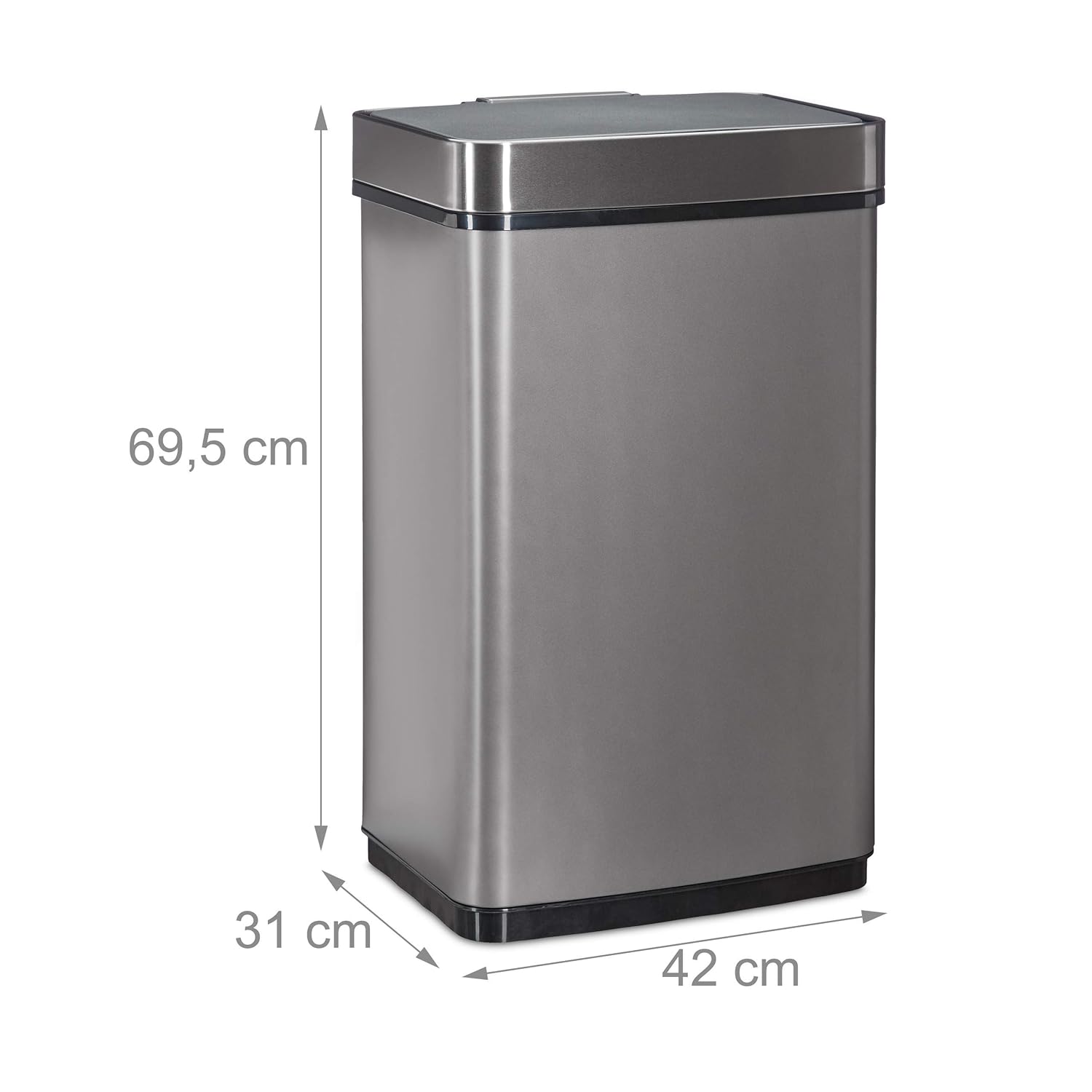 Diagram showing the dimensions of the Relaxdays 60L Sensor Kitchen Bin: 69.5 cm height, 31 cm depth, and 42 cm width.