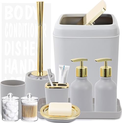 Miniatura 7 de XLHOMO Juego de accesorios de baño negro de 19 piezas, juego de baño con basura, dispensador de jabón de loción de 17 onzas sin taladros, montado en