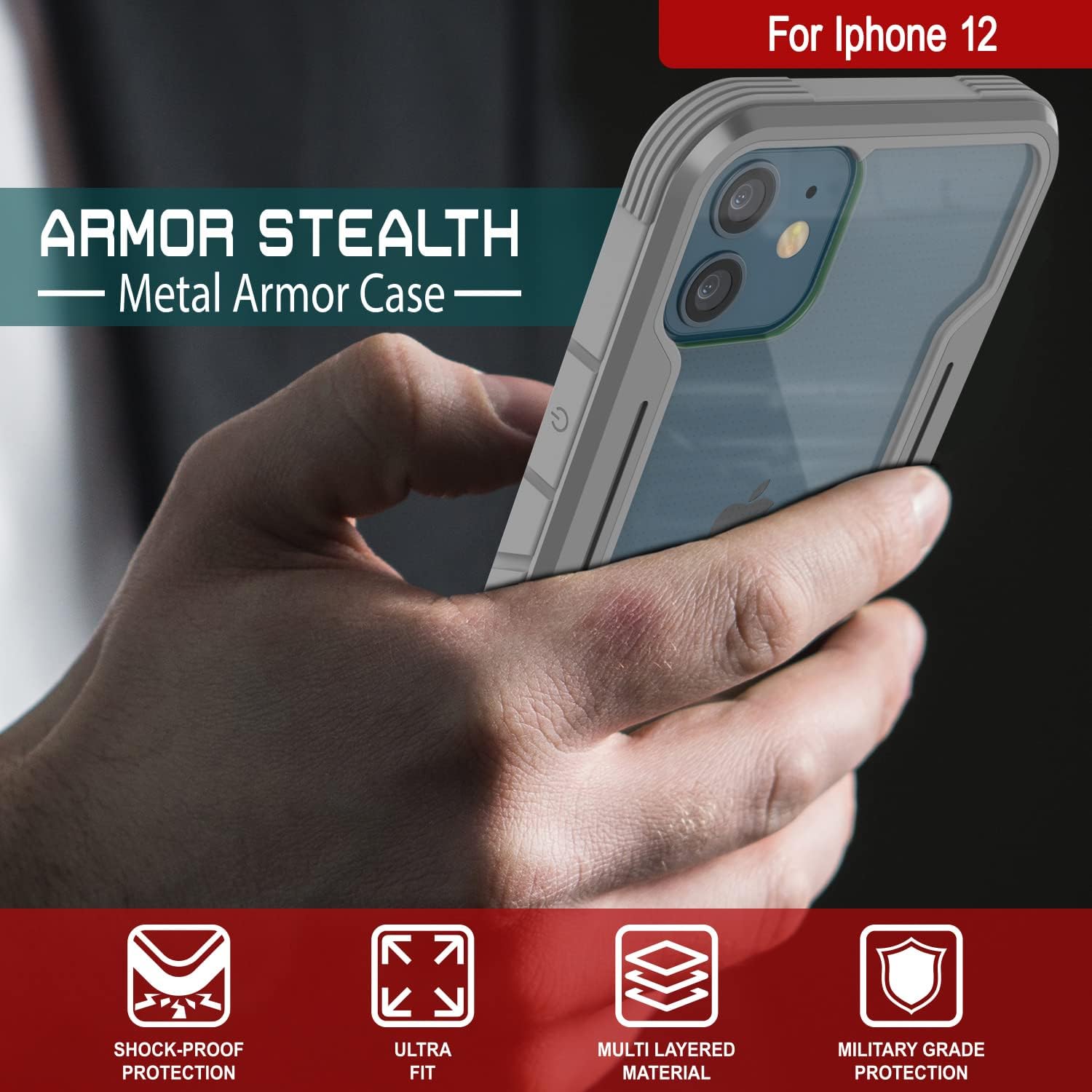 Punkcase Designed for iPhone 12 [Armor Stealth Series] Ultra Thin & Protective Military Grade Cover W/Aluminum Frame [Clear Back] Ultimate Drop Protection for iPhone 12 (6.1") (2020) (Grey)