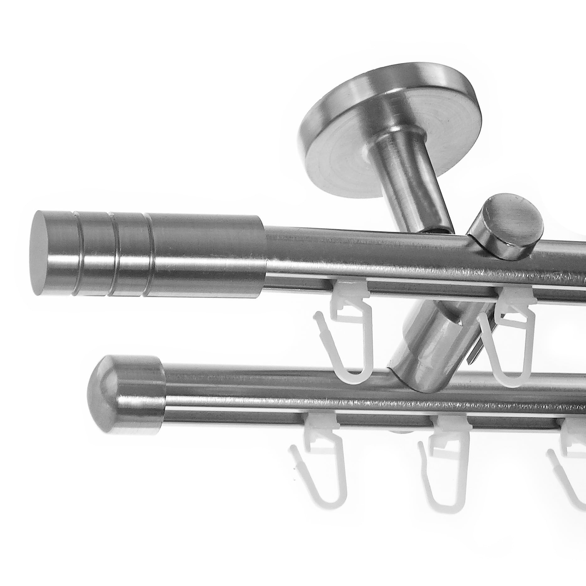 BASIT Gardinenstange Innenlauf Edelstahllook 16mm 2-läufig Decke 160cm D80 | Gardinenstangenset doppelläufig Deckenmontage Metall Vorhangstange Deckenhalterung 120-600cm wählbar Kappe Zylinder E28