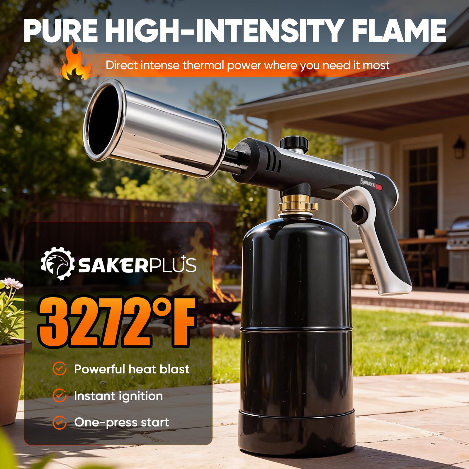 Sakerplus Antorcha de propano ajustable de alto calor, con bloqueo de seguridad, para barbacoa, parrilla, soldadura, fogata, proyectos de bricolaje (no incluye tanques de gas)