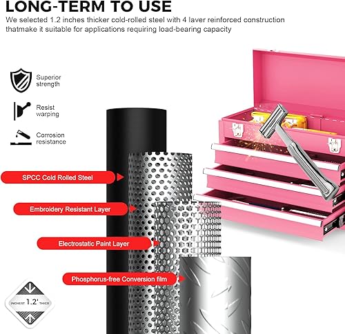 Miniatura 5 de Caja de herramientas de metal de 3 cajones, caja de herramientas de metal portátil con forro EVC y cierre de cierres, baúl de herramientas de acero