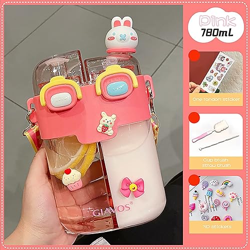 Miniatura 4 de JQWSVE Botella de agua Kawaii  26 onzas lindas botellas de agua con popote y calcomanías, doble botella de agua potable portátil a prueba de fugas,