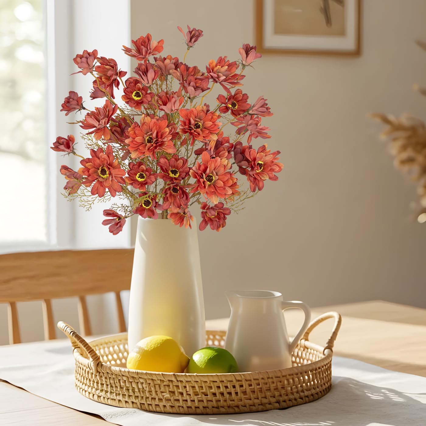 3 Bunches Artificial Daisy Flowers Bouquets for Fall Decor, 20" Faux Chrysanthemums Wildflowers for Autumn Thanksgiving Centerpiece, Silk Flowers Mums for Calliopsis Floral Arrangements, Light Red - Image 2