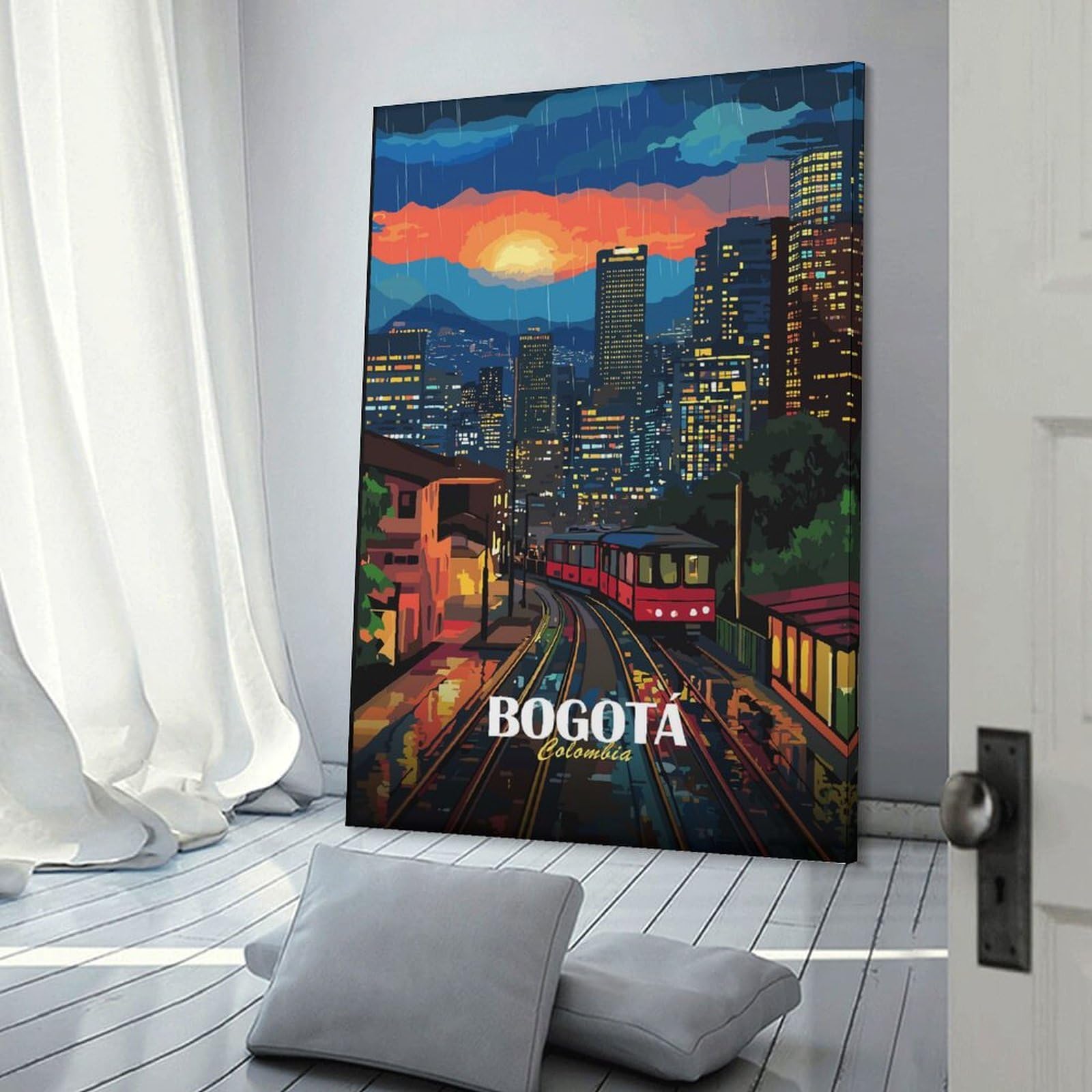 Junmoney Bogota Colombia Cityscape Rainy Night Wall Art Print, 20x30inch(50x75cm), for Wall Displays, Bedrooms Or Room Updates, A Versatile Canvas Print for Layering