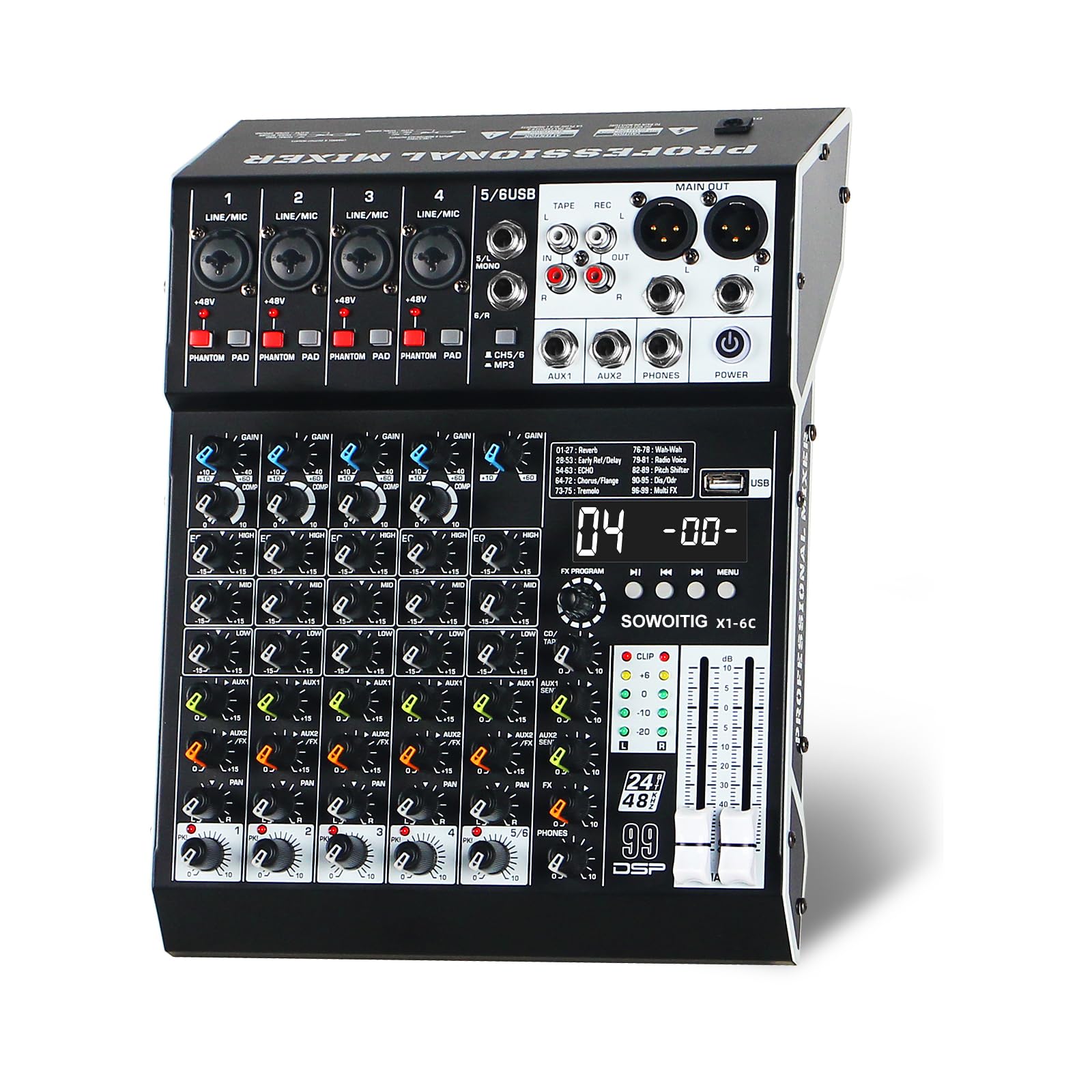 Mixer audio 6-canali professionale con console di mixaggio audio con effetti DSP 99, mixer DJ compatto con USB, Bluetooth, alimentazione phantom 48V e tasto PAD per registrazione, karaoke, PA