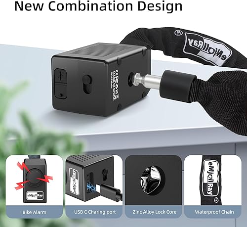 Miniatura 5 de Candado de cadena de bicicleta con alarma, 4 pies E Scooter Lock alarma antirrobo 110dB 0.315 in cadena de seguridad resistente con cable USB C y 3
