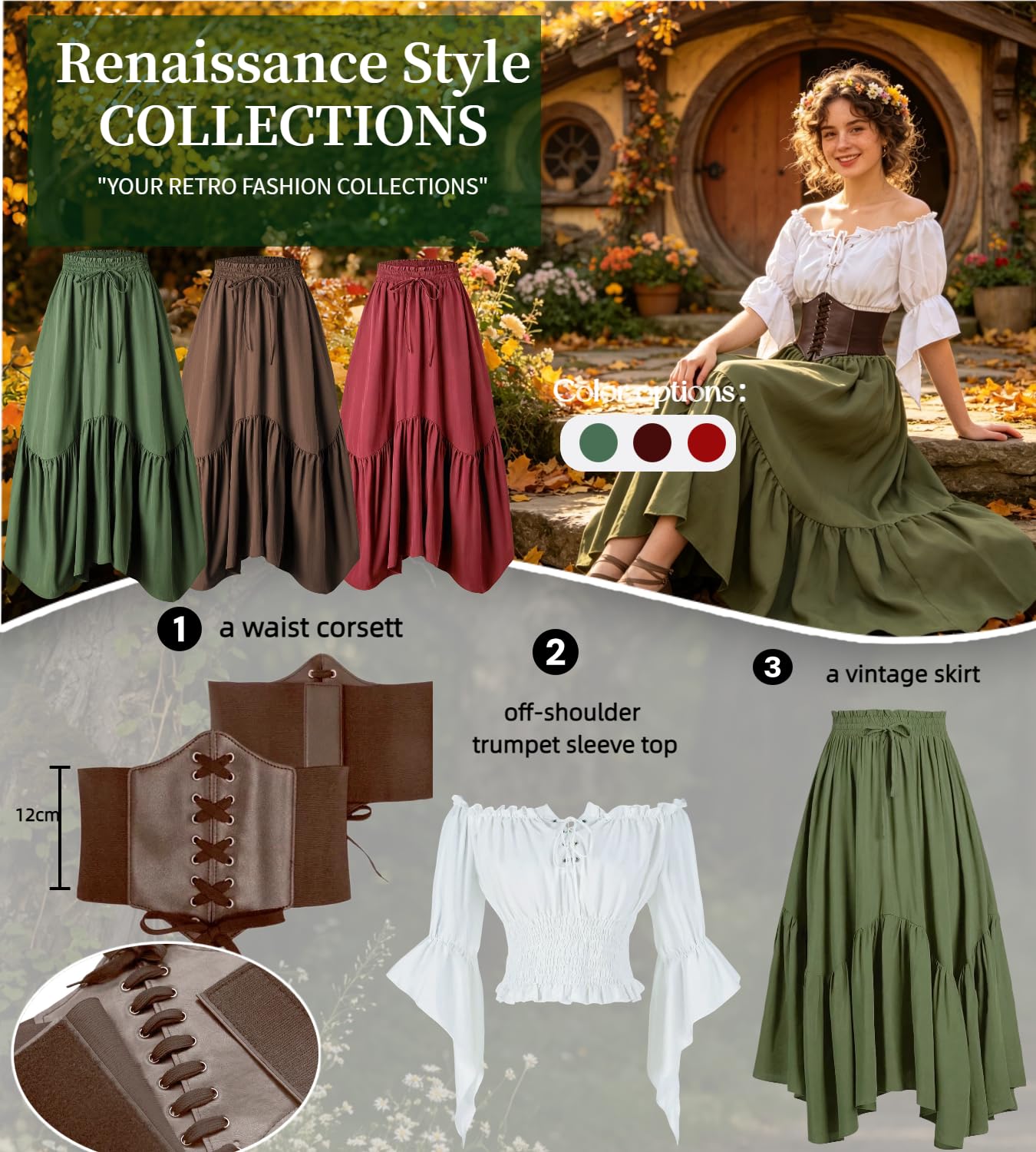 kasahara Costume Médiéval Femme Renaissance Blouse Off Shoulder Manches Évasées Jupe Corset, Déguisement Fée Pirate Sorcière Halloween Carnaval LARP