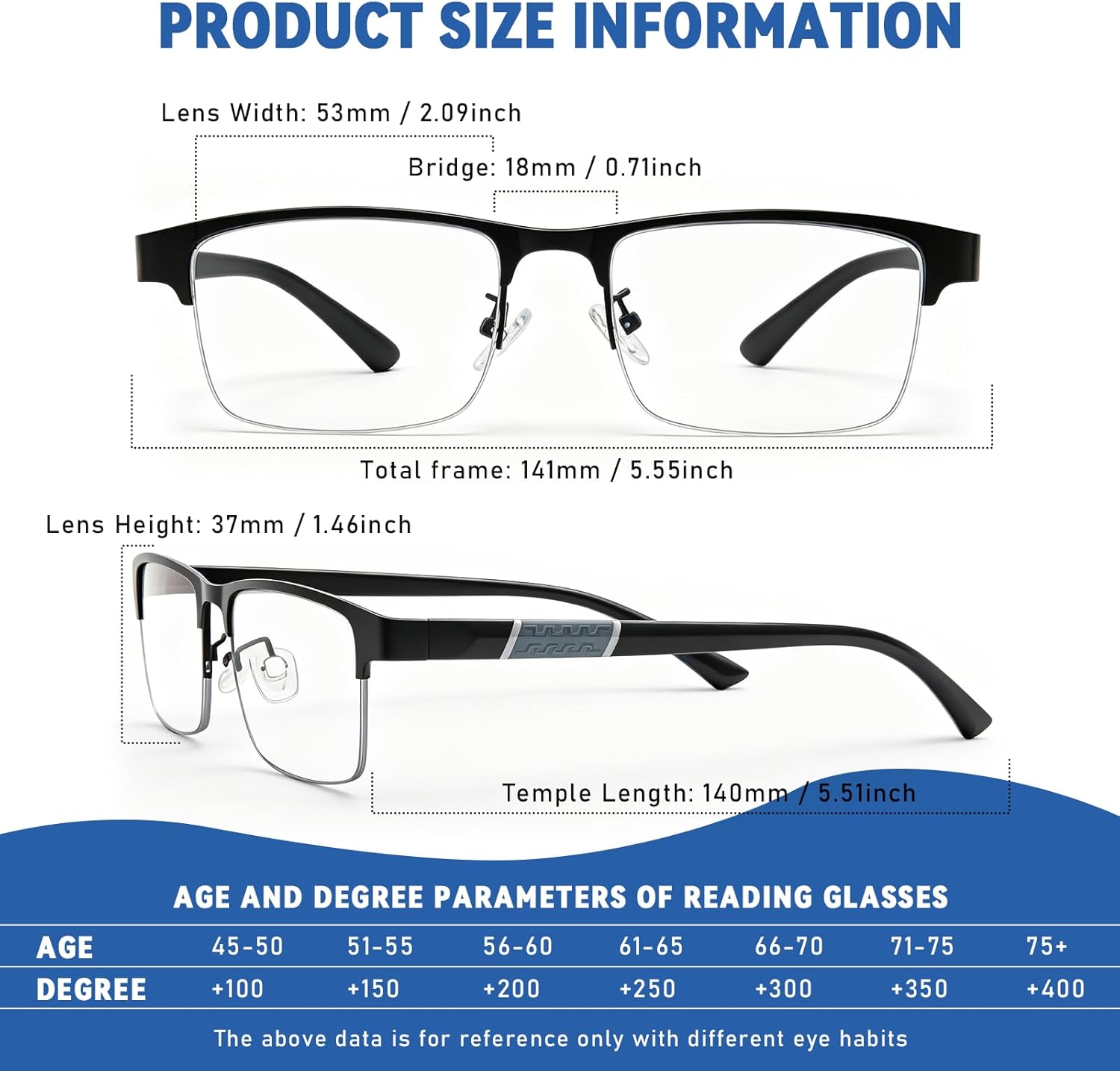 DEHOTRE 2 Pack Progressive Multifocus Reading Glasses Men Semi Rimless Stainless Steel Frame TR90 Temple Computer Readers