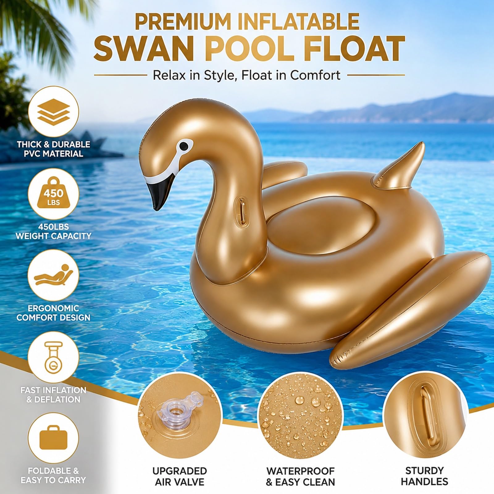 Flotador Inflable Cisne Dorado para Piscina Tumbona Flotante