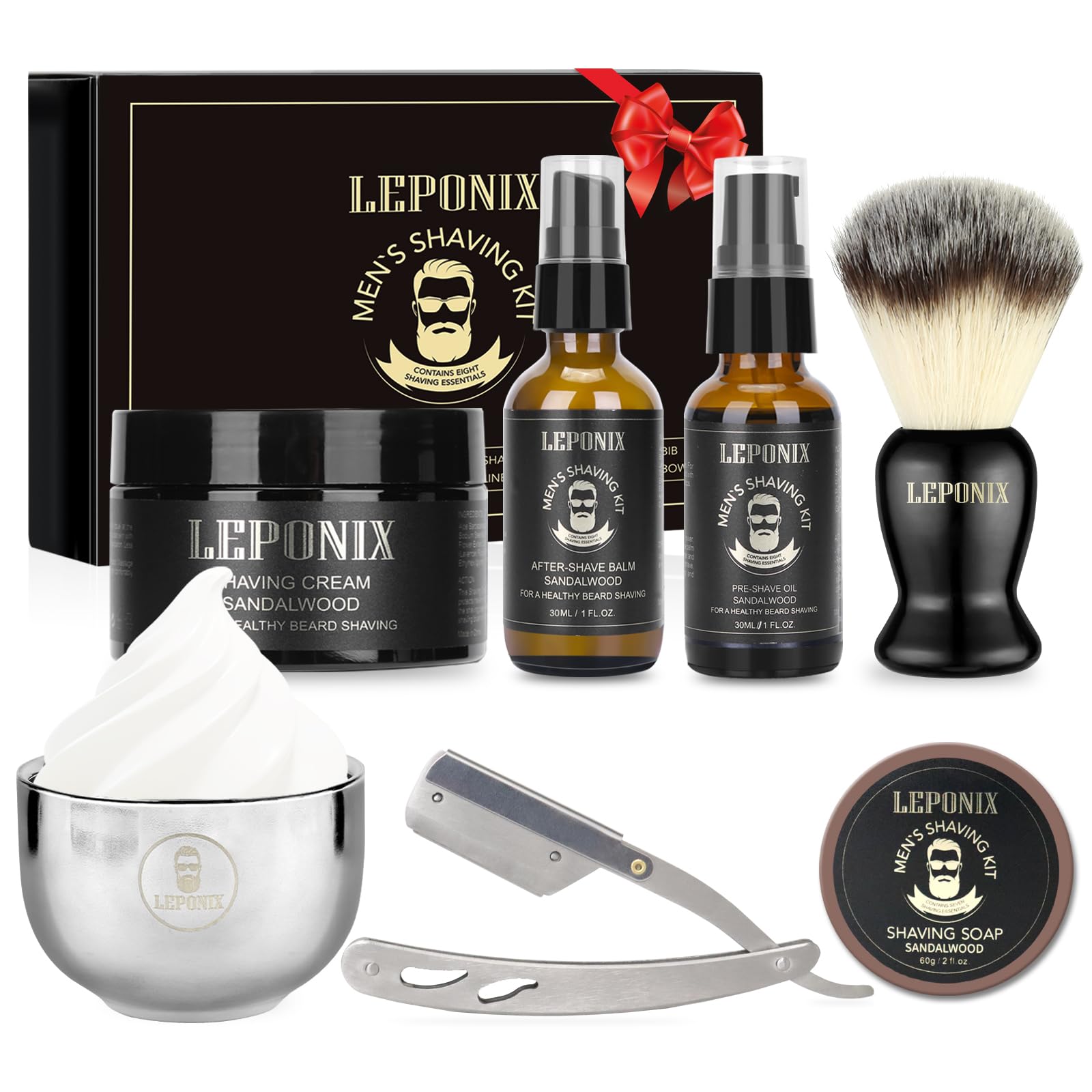 Shaving Kit for Men, Shaving Set of Sandalwood Shaving Cream, Mens After Shave Balm, Pre-Shave Oil,Shaving Brush and Bowl,Shaving Soap Gift Set for Men Boyfriend Stocking Fillers