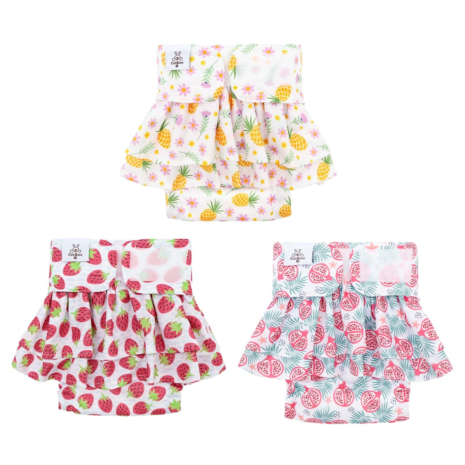 CuteBone Female Dog Diapers with Skirts 3 Pack Reusable Puppy Dresses Pants for Heat Cycle Period QBD29XL