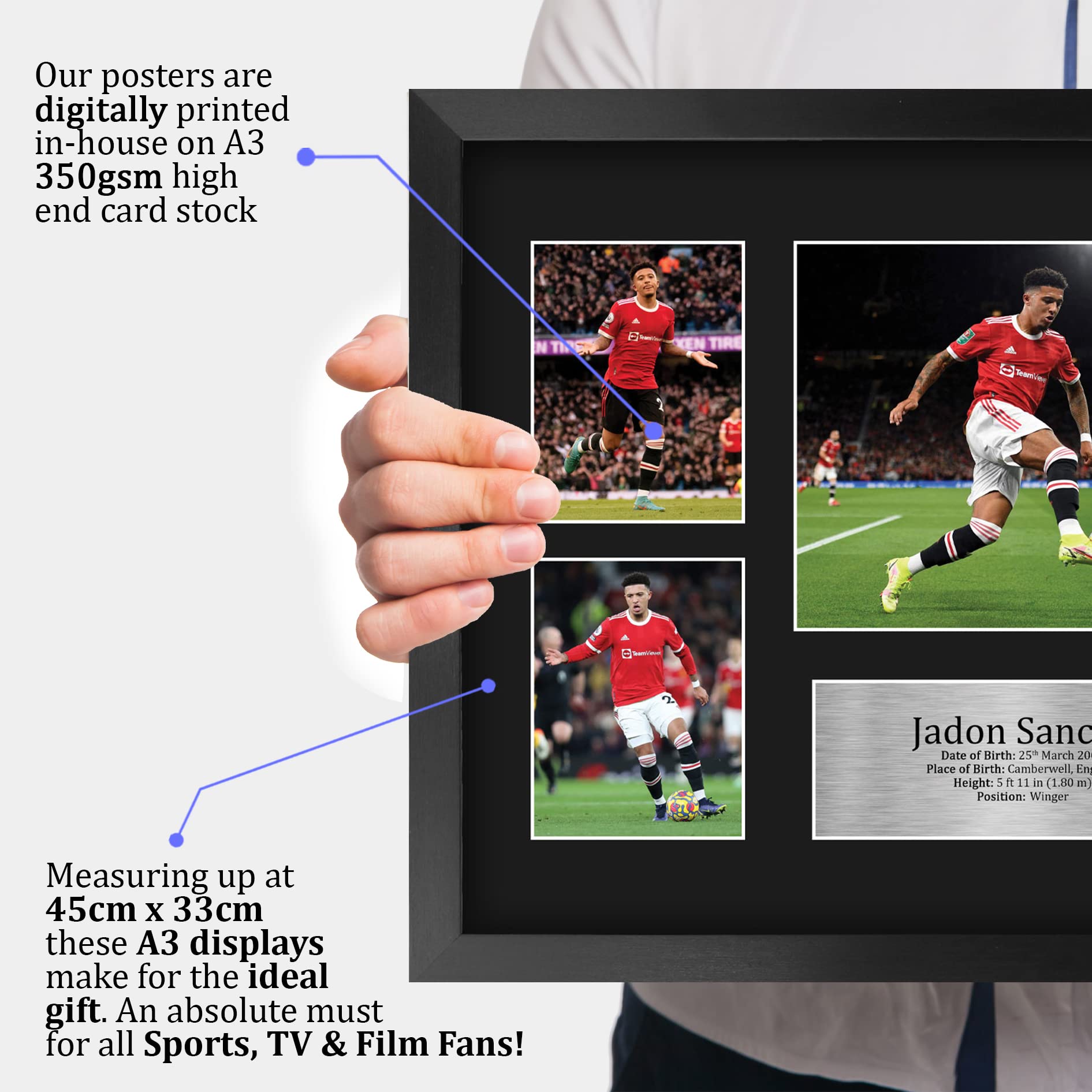 HWC Trading FR A3 Jadon Sancho Gedruckte Memorabilien Signiertes Autogramm Fotodisplay für Fußball Anhänger und Fans - A3 Framed