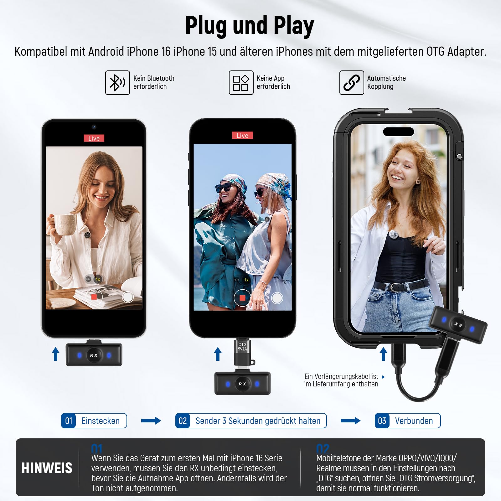NEEWER Kabelloses Lavalier Mikrofon für iPhone Lärmunterdrückung Mini Ansteckmikrofon Set mit USB C OTG Lade Etui 24H Akku 200m Reichweite Kompatibel mit iPhone 16 15 Android Telefon PC Laptop, KM18