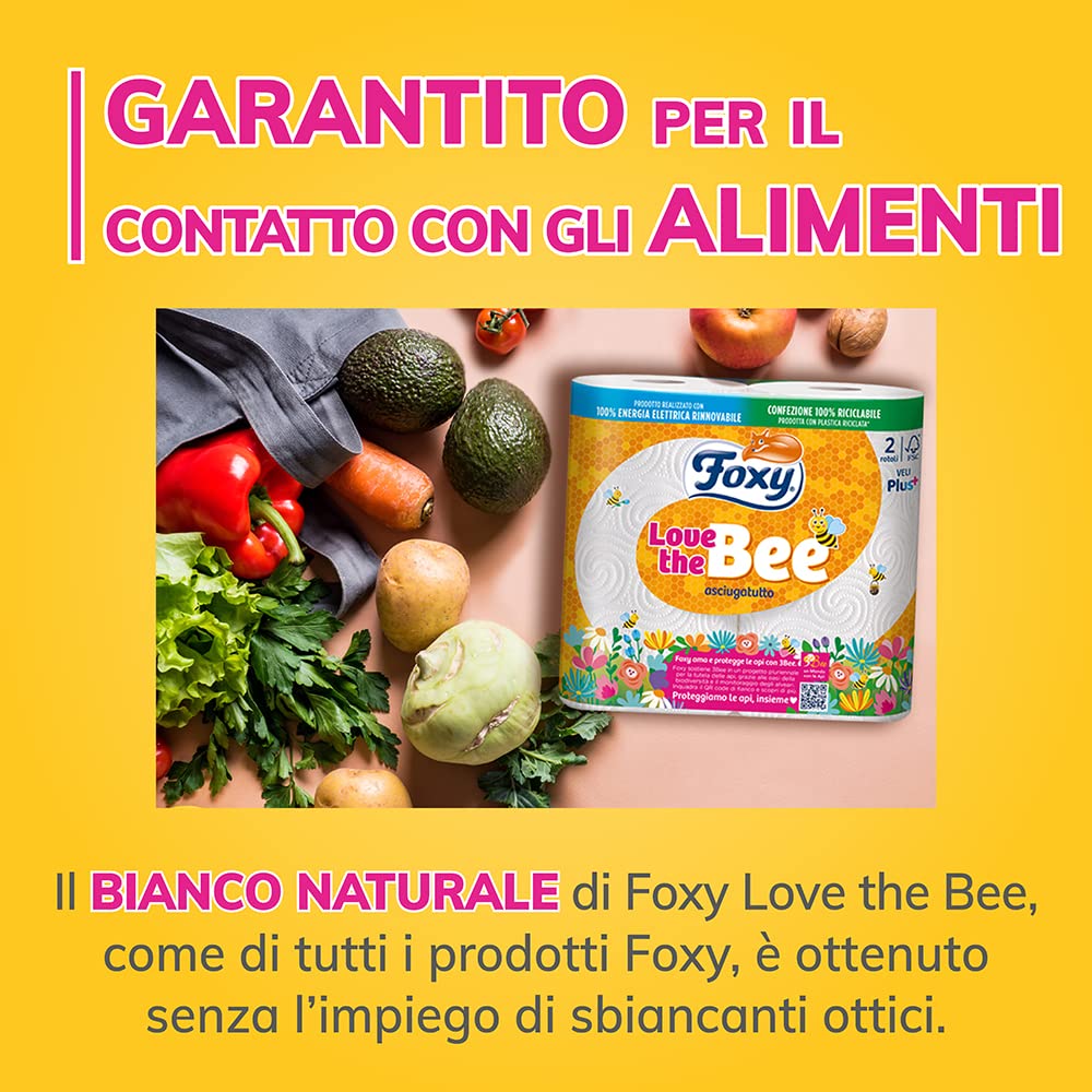 Foxy Love the Bee | Asciugatutto 28 rotoli da 60 strappi | 2 veli elevato spessore | FSC |100% Energia elettrica rinnovabile| Confezione riciclabile prodotta con plastica riciclata