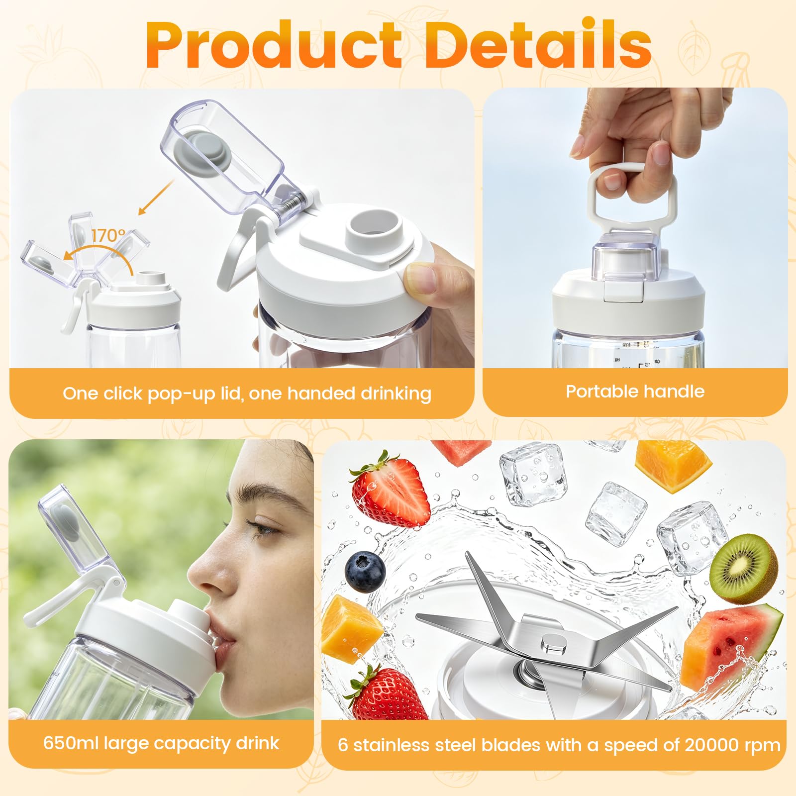 Batidora De Vaso Portátil 650ml, Licuadoras Para Zumos Y Batidos Con 6 Cuchillas, Mini Batidora Recargable Por USB, Vaso Batidora Para Smoothies, Gimnasio, Oficina Y Viajes