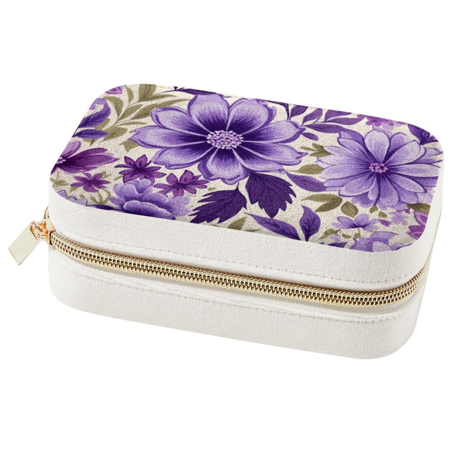 Boîte à bijoux motif floral violet, grand organiseur de voyage spacieux pour femme