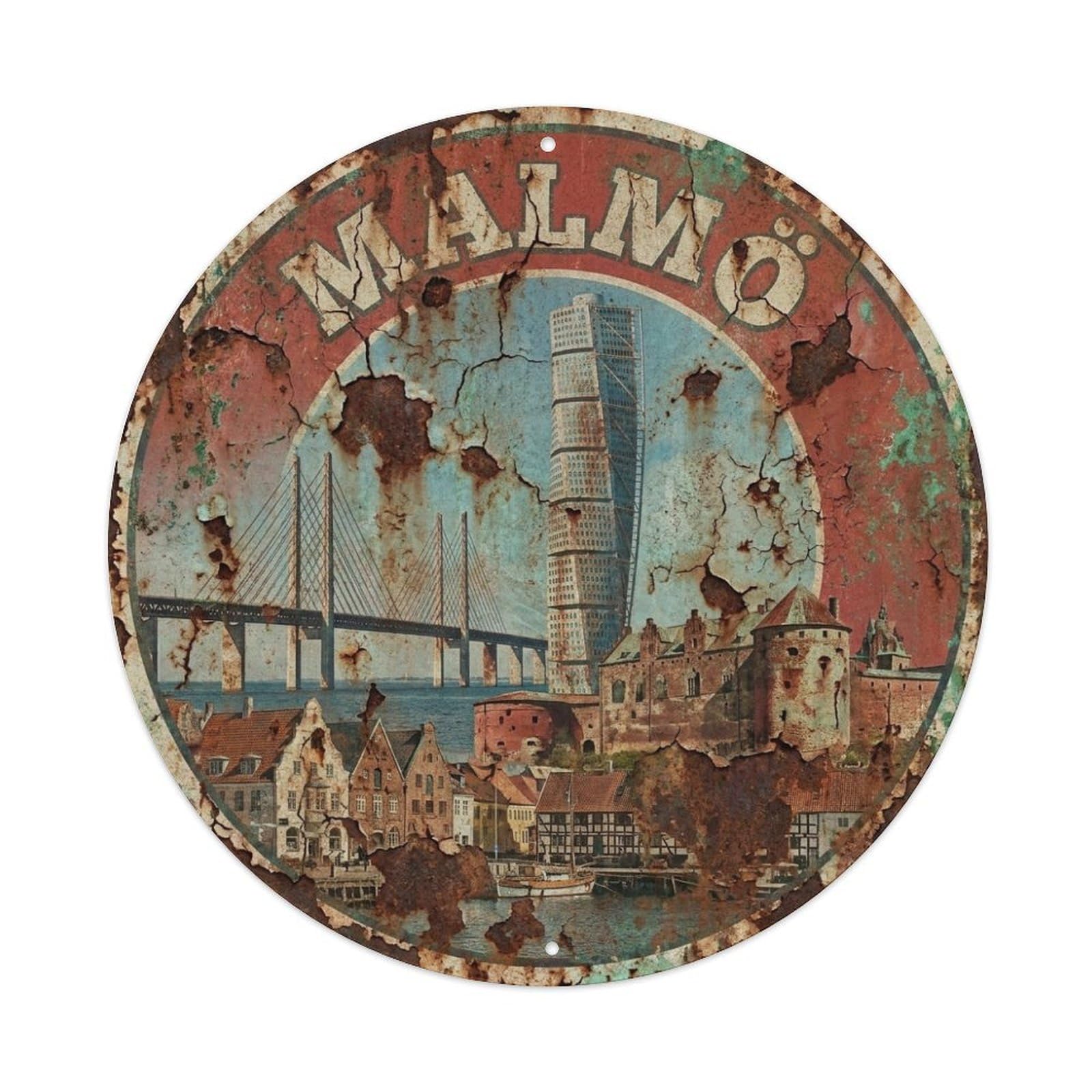 Olyhtr 8X8inch Classic Style Retro Sweden Malmo Travel Landmark Regional Heritage Metal Tin Sign