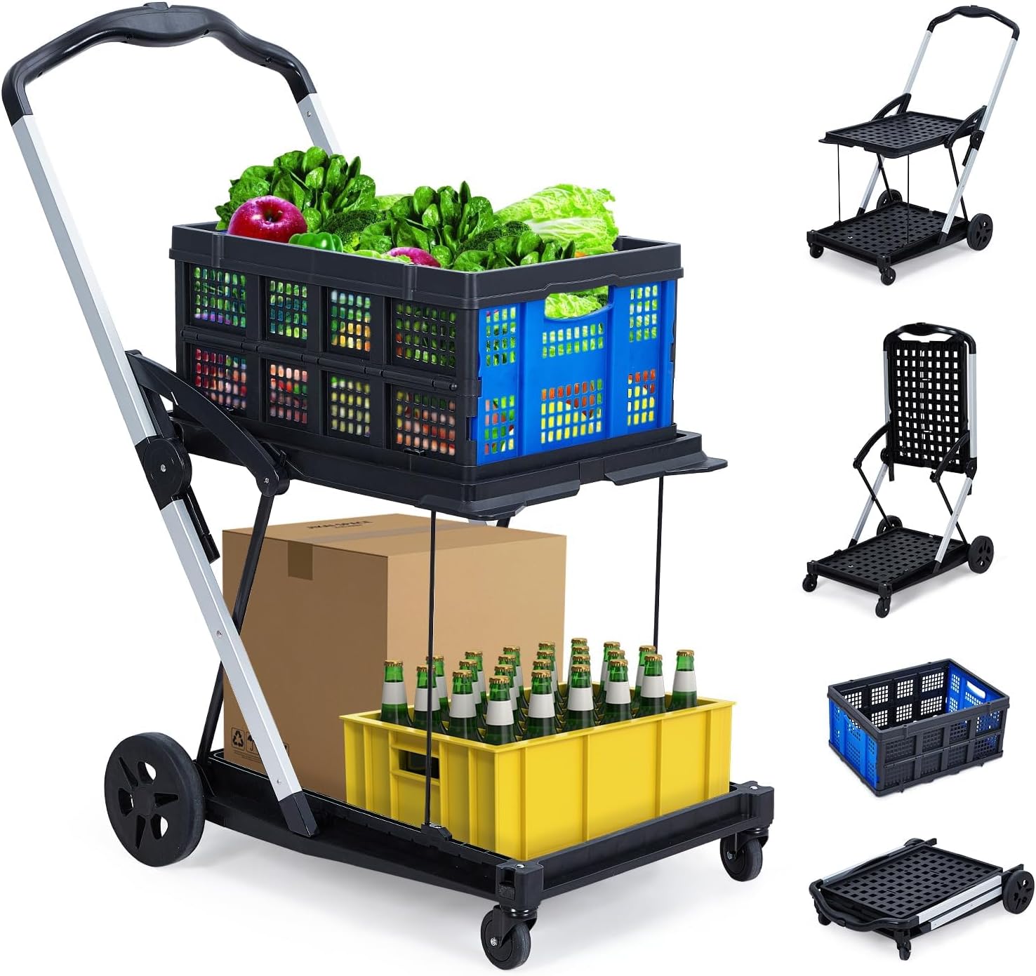 Foldable Shopping Cart with 1 Storage Crates – 2-Tier Collapsible Utility Cart, Aluminum Trolley with 360° Rolling Swivel Wheels & Removable Baskets for Groceries, Office, Travel, Apartment