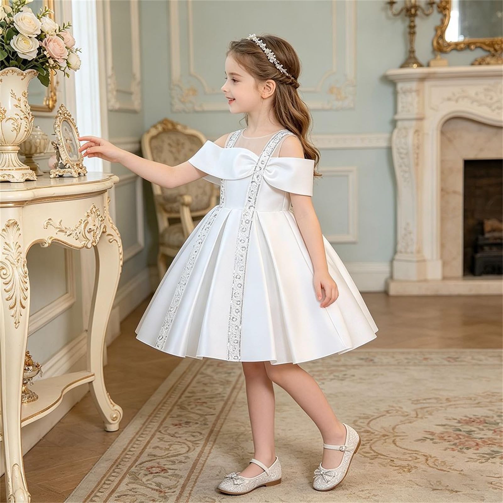 Kleid MäDchen Festlich - schulterfreies Tutu-Kleid Mesh für feierliche Anlässe elegante Partyrobe mit Rundhalsausschnitt Paillettenverzierung ärmelloses Sommerkleid für von drei bis acht Jahren