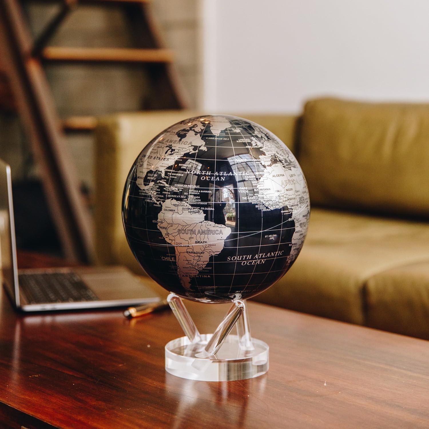 MOVA Globus Jet Black & Silber Klassik (4,5") – Solar Globus | Rotierende Weltkugel ohne Batterien | Minimalistisches Design | Luxus Deko für Büro und Zuhause | 11.5 CM