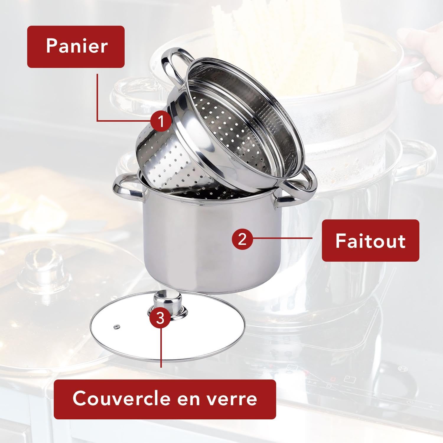 BAUMALU - Cuiseur à Pâtes - Acier Inoxydable - Tous Feux dont Induction - Triple Fond Diffuseur, Répartition Homogène de la Chaleur - Couvercle en Verre avec Bords Inox et Trou Vapeur - Ø24cm