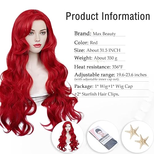 Miniatura 3 de Max Beauty - Peluca rizada roja, pelucas de cosplay de sirena roja para mujer con clips de pelo de estrella de mar, peluca de cabello largo para