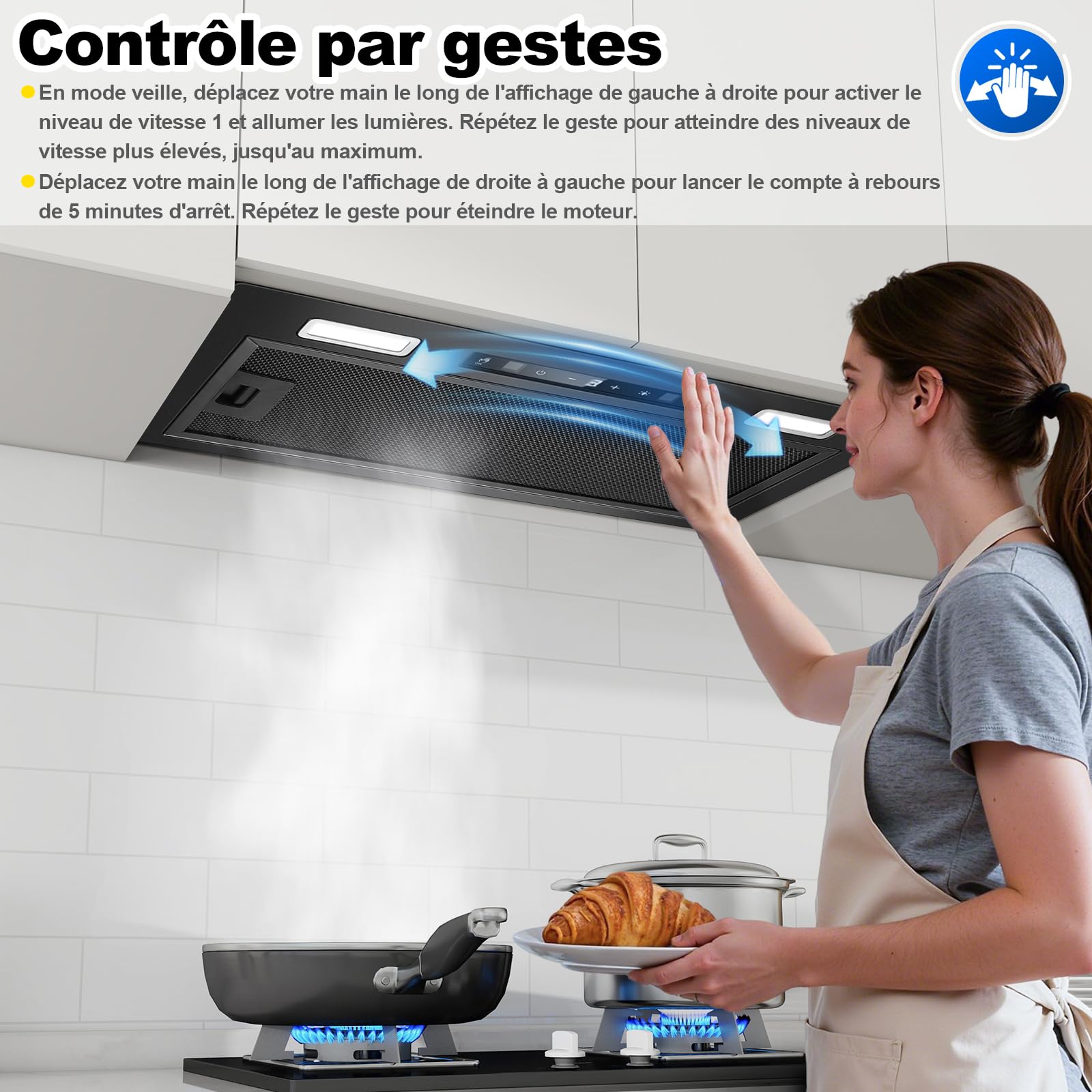 Hotte Aspirante 52cm Encastrable, 750m³/h, Hotte Encastrée, Commande Gestuelle & Tactile, 3 Vitesses & Fonction Booster, Éclairage LED, Filtre Charbon et Conduit Inclus, Évacuation/Recyclage