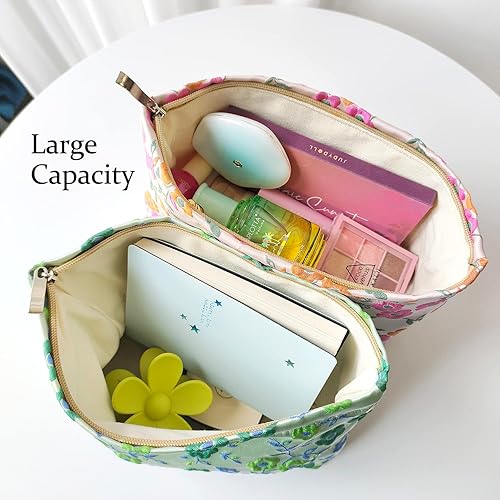 Miniatura 5 de Bolsas de cosméticos con flores STARDW, bolsas de maquillaje para mujeres y niñas, bolsa de maquillaje de viaje de gran capacidad de lona, bolsa