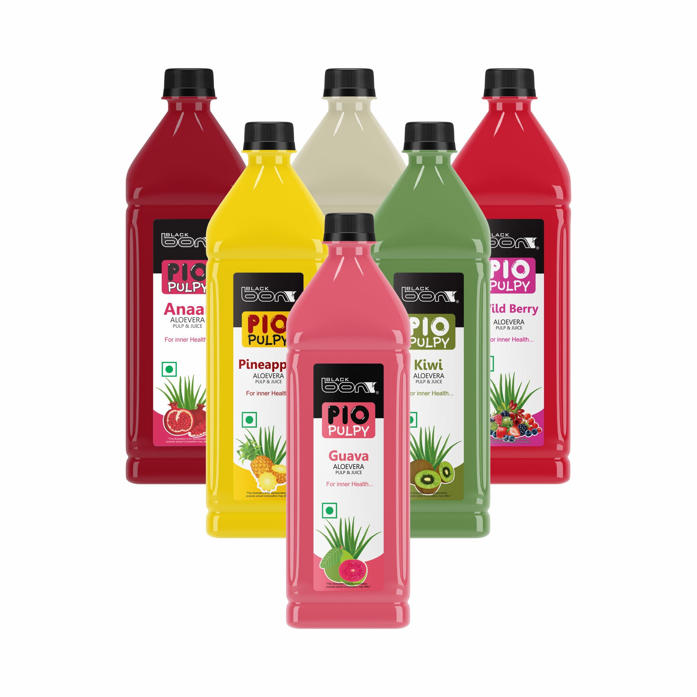 Black Bon pio pulpy juice of 1 Ltr(1000 ml - pack of 6) Each Fruit Juice With Aloevera Pulp WILD BARRY,GUAVA,LITCHI,PINEAPPLE,KIWI,ANNAR with alovera pulp