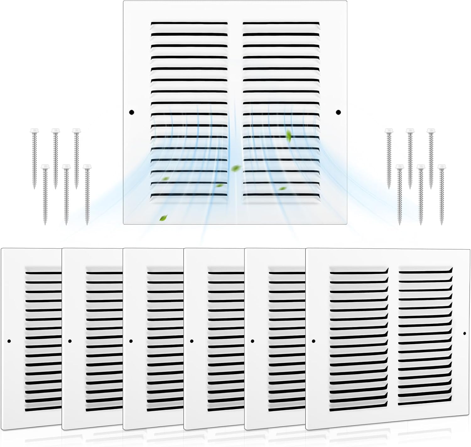 Blulu 6 Pack 8" x 8" White Air Vent Covers Duct Opening Steel Return Air Grilles for Sidewall Wall Ceiling, Return Vent Cover HVAC Accessories, Outer Dimensions: 9.75"w x 9.75"h 8x8 Inch