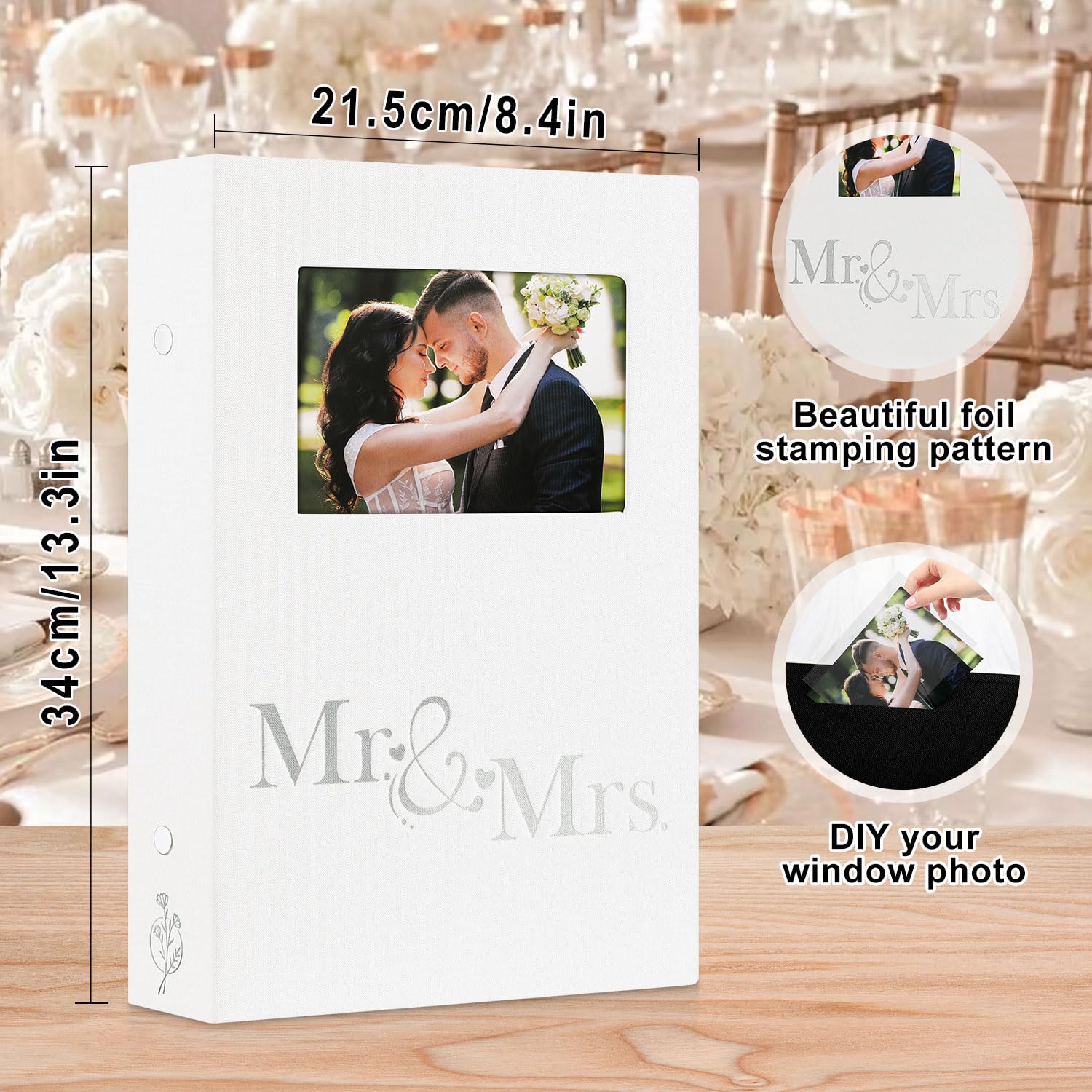 Lanpn Wedding Photo Album 4x6 300 Pocket Photos Slip in, Linen Cover Large Capacity Newlywed Marriage Window Album Hold 300 Horizontal Photos (Mr & Mrs, White)