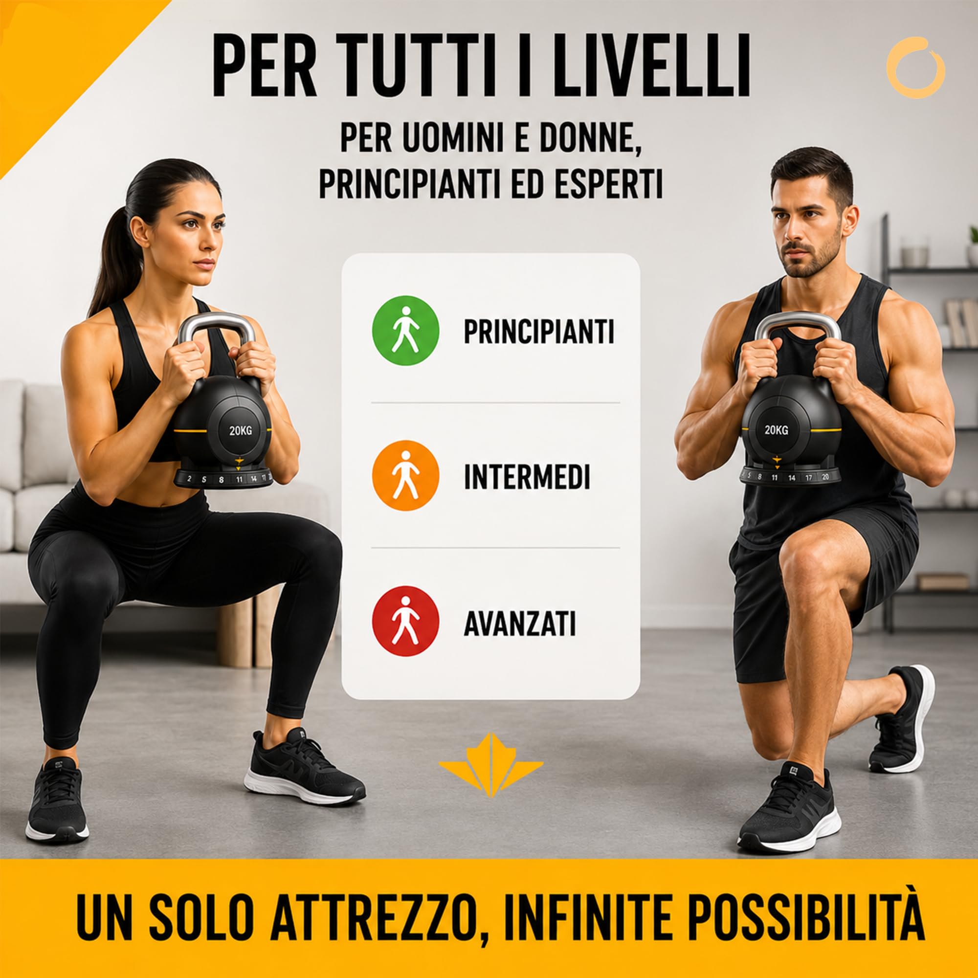Kettlebell Regolabile 20 kg, 7 Pesi in 1 da 2 a 20 kg, Manubrio Regolabile per Home Gym, Cross Training, Functional Training, Fitness, Body Building e Allenamento della Forza