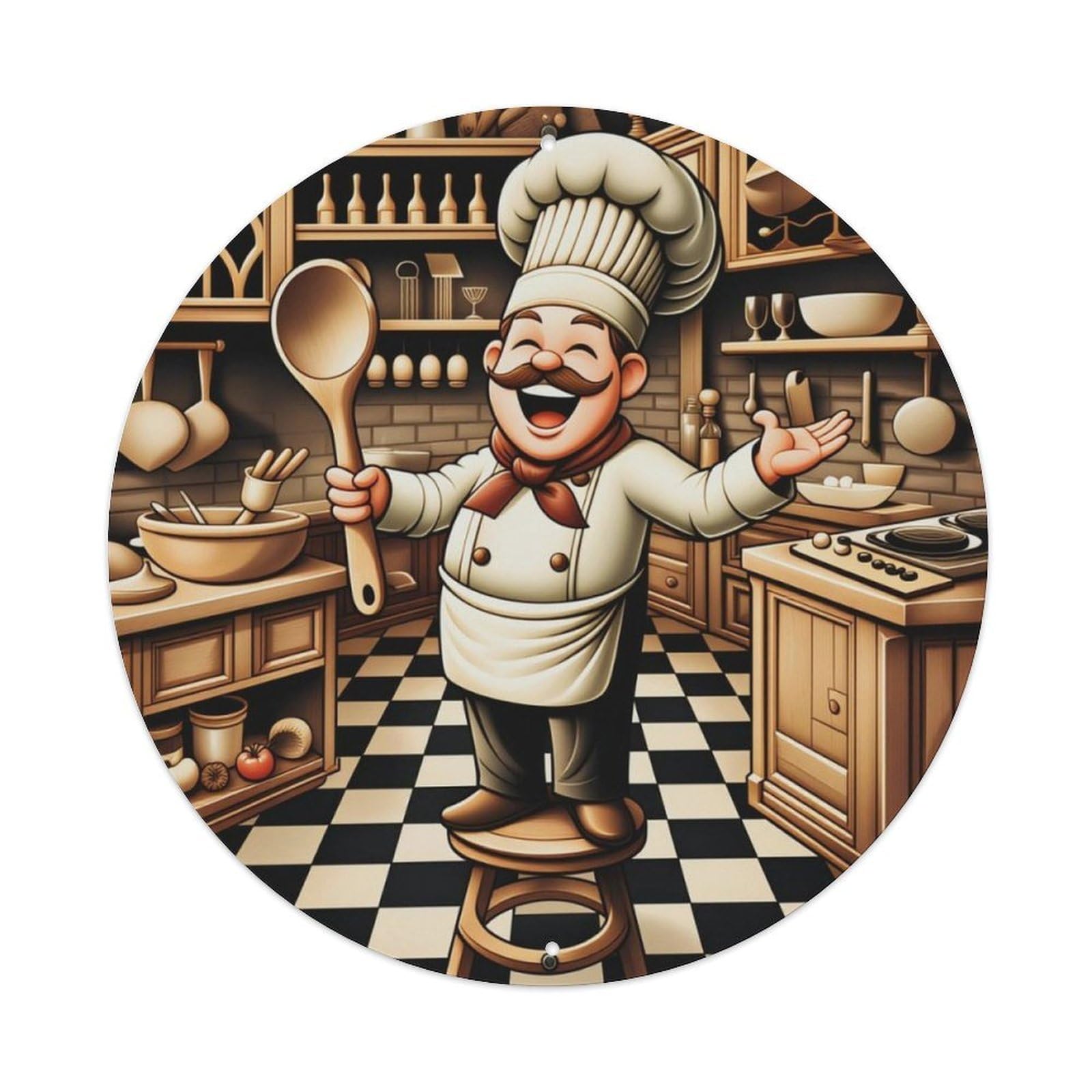 Vintage Cartoon Kitchen Chef Round Decor Sign Vintage Aluminium Metal Sign, Retro Wall Decor for Home, Bar, Garage & Farmhouse 20x20cm
