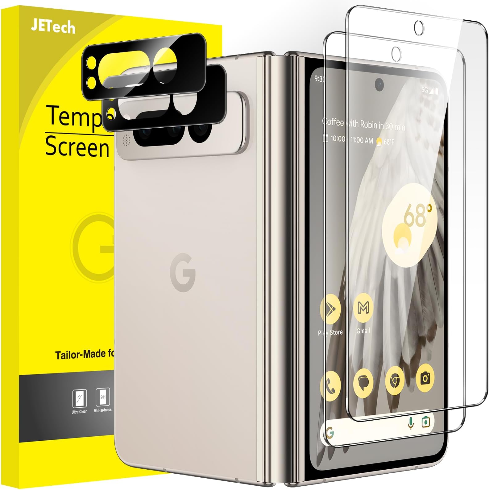 JETech Front Screen Protector and Camera Lens Protector for Google Pixel Fold 2023, 9H Tempered Glass Film, Anti-Fingerprint & Case-Friendly, HD Clear, 2-Pack Each