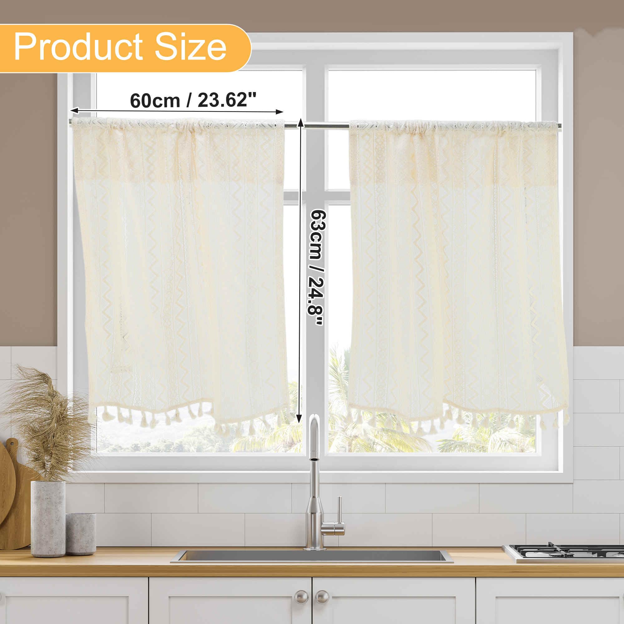 Tende Per Cucina, Frange Di Pizzo A Onde, Tende Da Caffetteria, Trattamento Finestra Corto Filtra Luce Per Bagno Seminterrato, Beige, 2 Pezzi 63x60cm / 24,8" x23,62(L*P)
