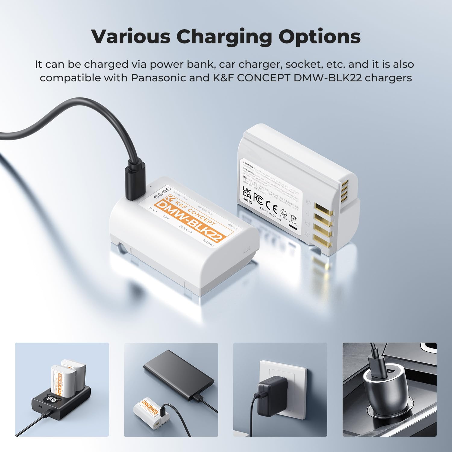 K&F CONCEPT 2520 mAh DMW-BLK22 Akku, 2er-Pack USB-C 2,5 Stunden vollständig aufgeladener BLK22 Battery Kompatibel mit Panasonic LUMIX S5, S5II, GH6, GH5, G5 II, S5 IIX, GH7, S9, G9 II