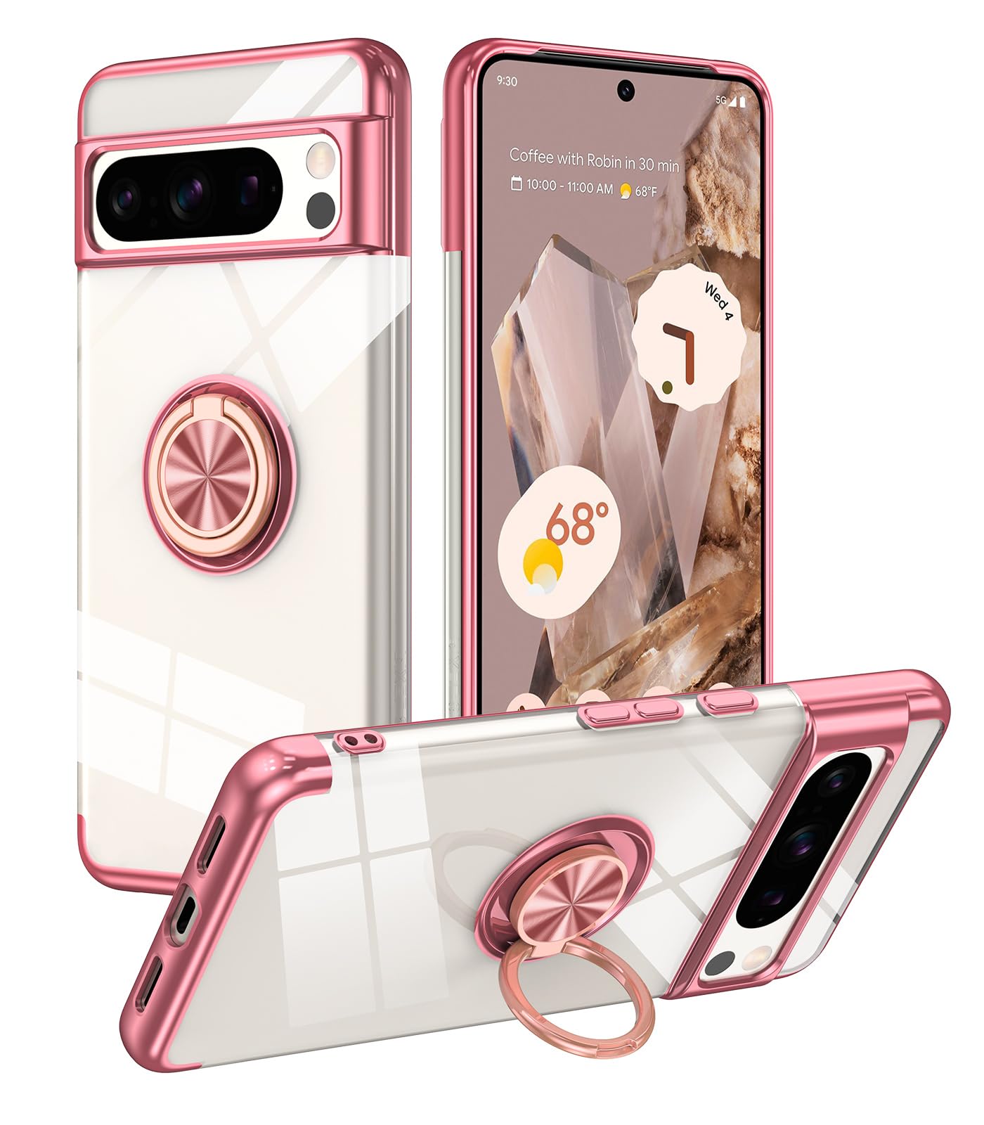 LONTECT for Google Pixel 8 Pro Case Clear Shockproof Slim Fit Rugged Drop-Resistant Full Body Protective Cover with Ring Holder Stand Case for Google Pixel 8 Pro 2023,Rose Gold