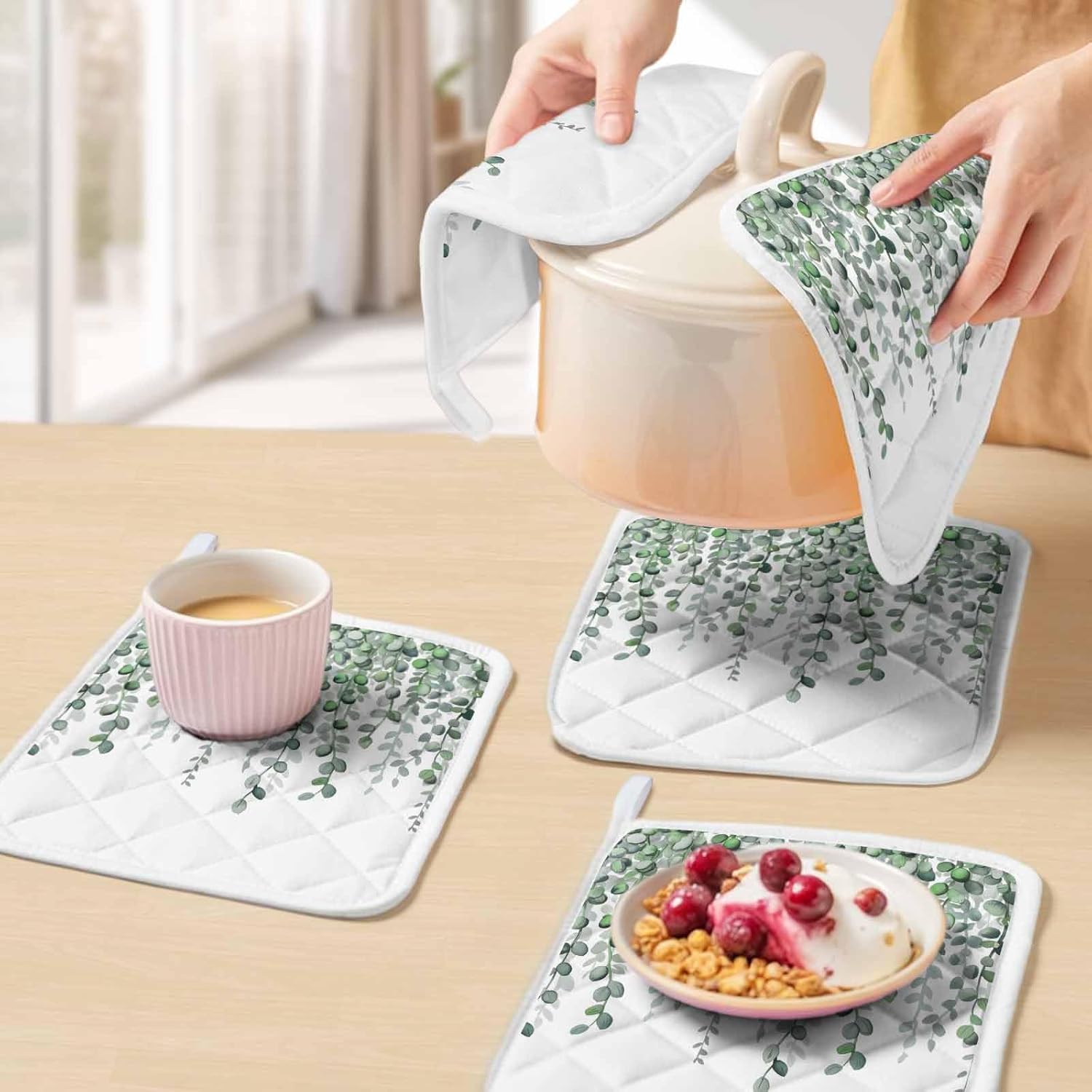 5 Pack Pot Holders for Kitchen, Green Eucalyptus Leaves Hot Pads for Kitchen Countertops Oven Pot Holder Bulk, Summer Botanical Weeping Watercolor Heat Insulation Potholders with Hanging Loops