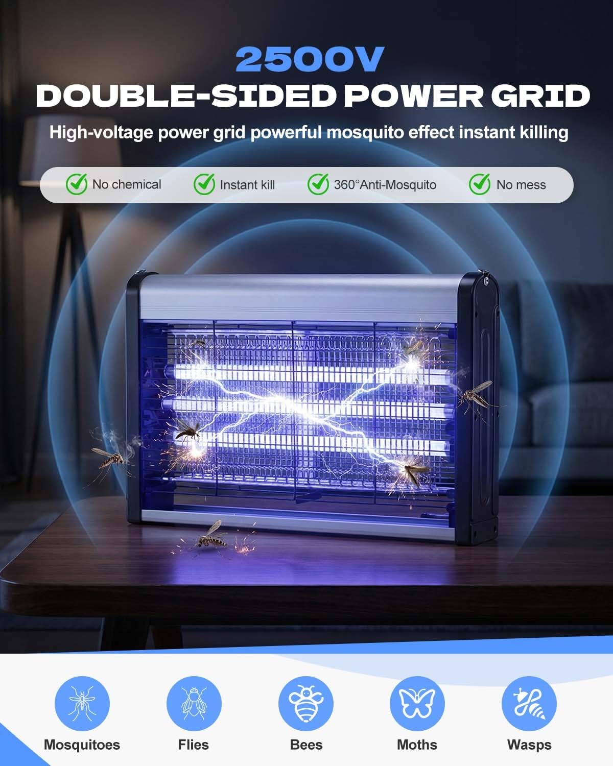 Zapper elettrico per interni da 30 W, lampada antizanzare UV con 3 tubi UVA e design a doppia griglia, facile da pulire per casa, cucina, giardino, cortile