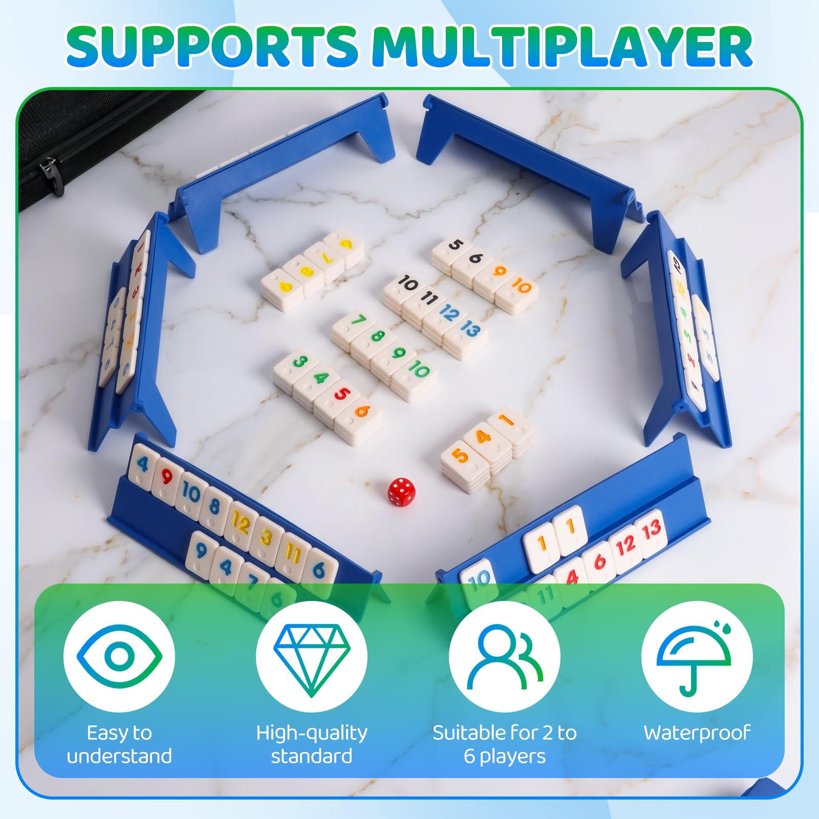 Mini Rummy - Juego de mesa para 2-6 jugadores, juego de viaje con 160 piedras y 6 soportes de juego, juego de viaje para adultos y familia, incluye caja de almacenamiento y bolsa para guardar las