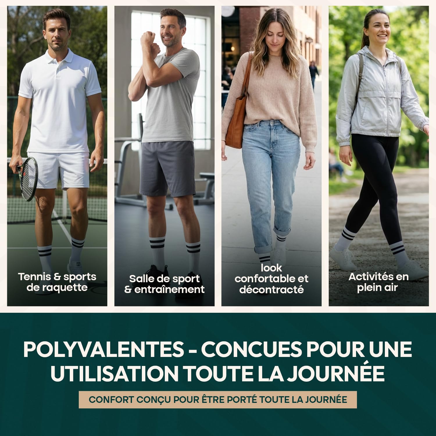 Chaussettes de tennis premium en coton égyptien, sans couture, douces, rembourrées, anti ampoule, lot de 3, mi mollet rayée de sport, anti transpiration, femme homme, blanche, 35-38, 39-42, 43-46