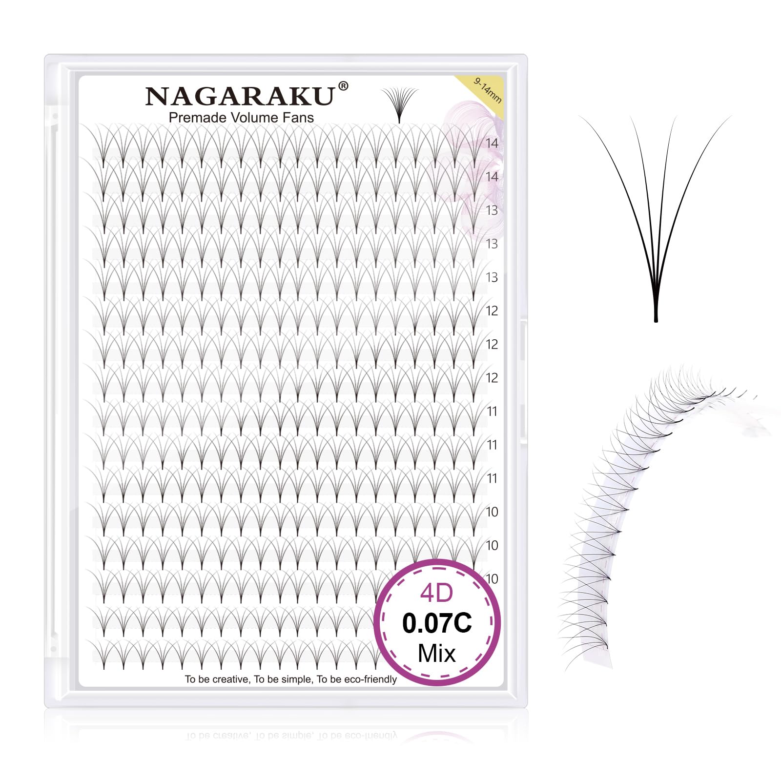 NAGARAKUPremade Fans Eyelash Extensions Thin Pointy Base 4D Volume Sharp Narrow Stem 0.07mm C curl 9-14mm Mix Clusters Russian Pre Fanned Fluffy Matte Black