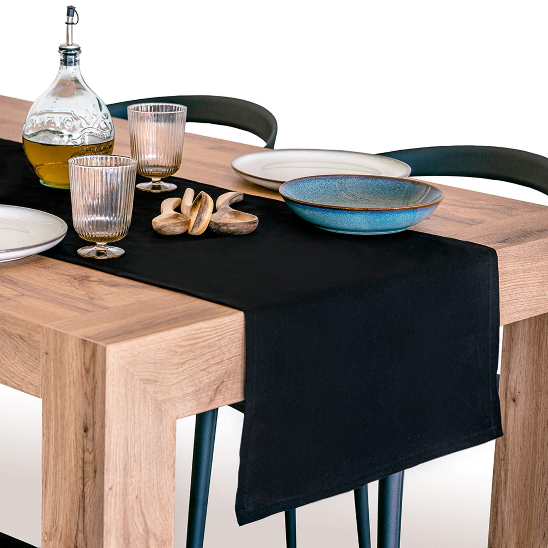 Mobili Fiver, Gioele Cotton Table Runner 17.71 x 102.36 in, Black, Made in Italy